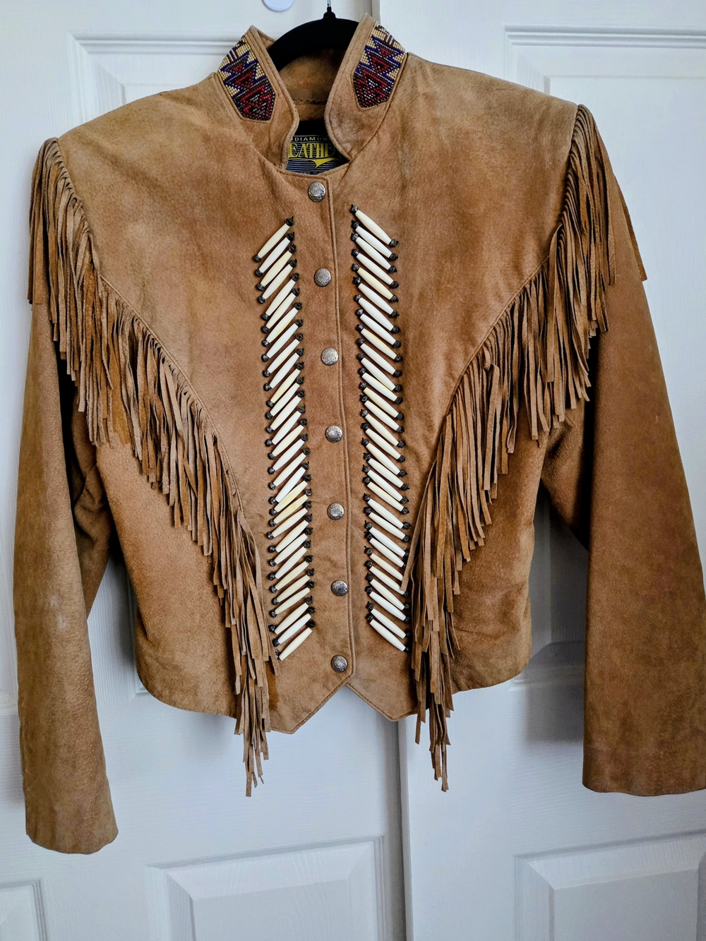 Vintage Women's Suede Fringe Leather Jacket in Tan with Bead Accents